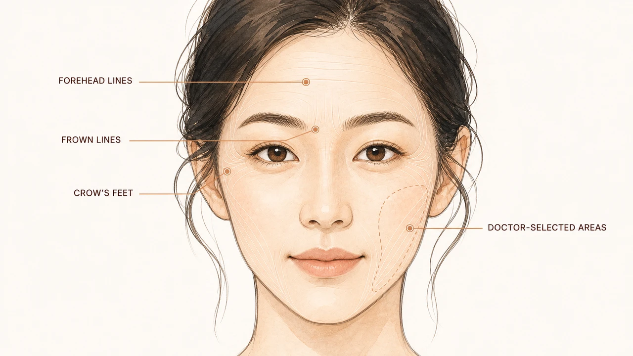 Face map marking forehead lines, frown lines, crow's feet and doctor-selected areas