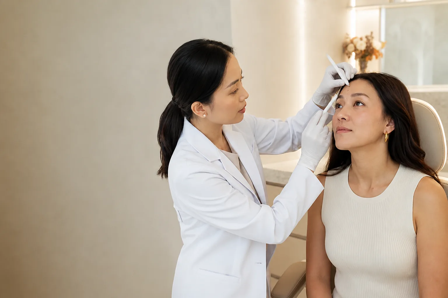 Doctor assessing the brow area of a patient before treatment