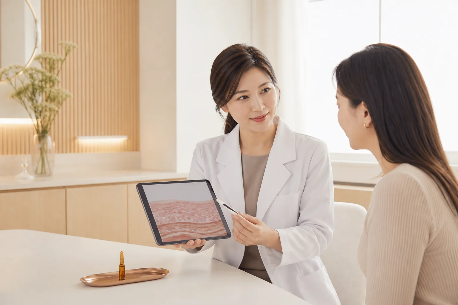 Doctor explaining an illustration of the skin's layers to a patient on a tablet