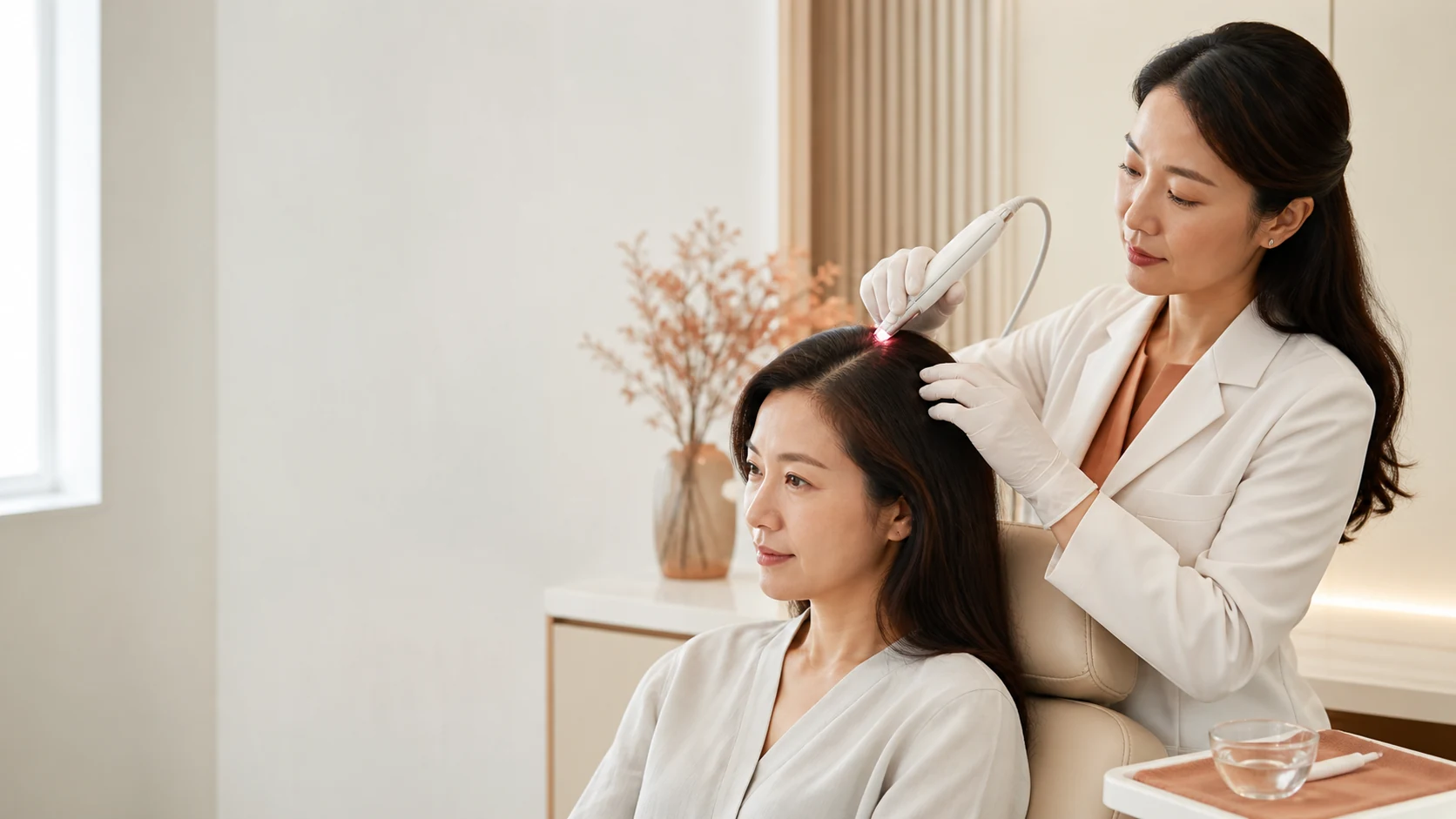 Practitioner treating the scalp along a patient's hair parting