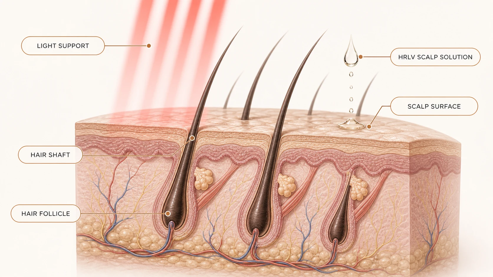 Labelled illustration of the scalp showing light support, the HRLV scalp solution, hair shafts and hair follicles
