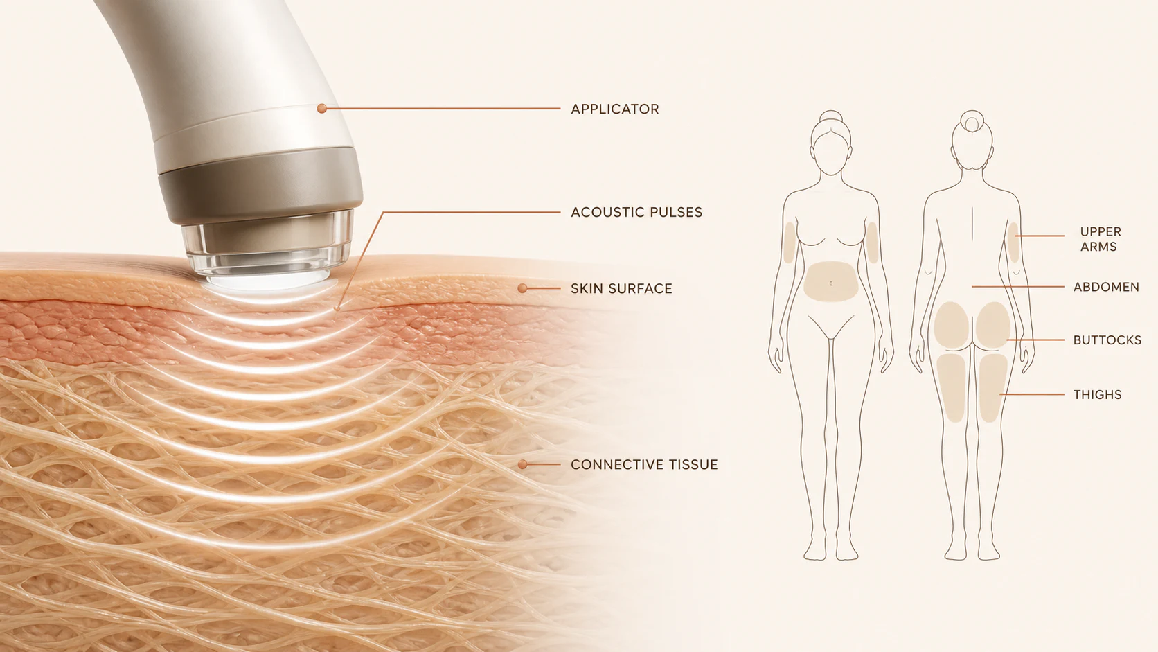 Illustration of an acoustic wave applicator sending pulses through the skin surface into the connective tissue
