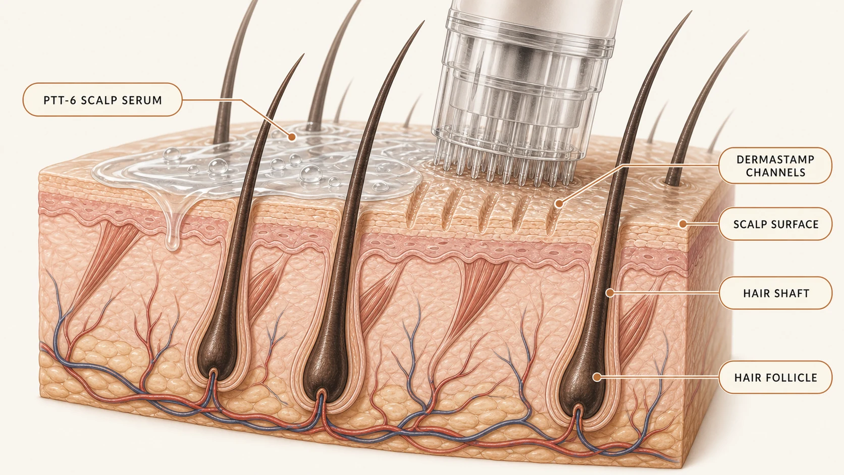 Illustration of PTT-6 scalp serum on the scalp surface beside dermastamp channels above hair follicles