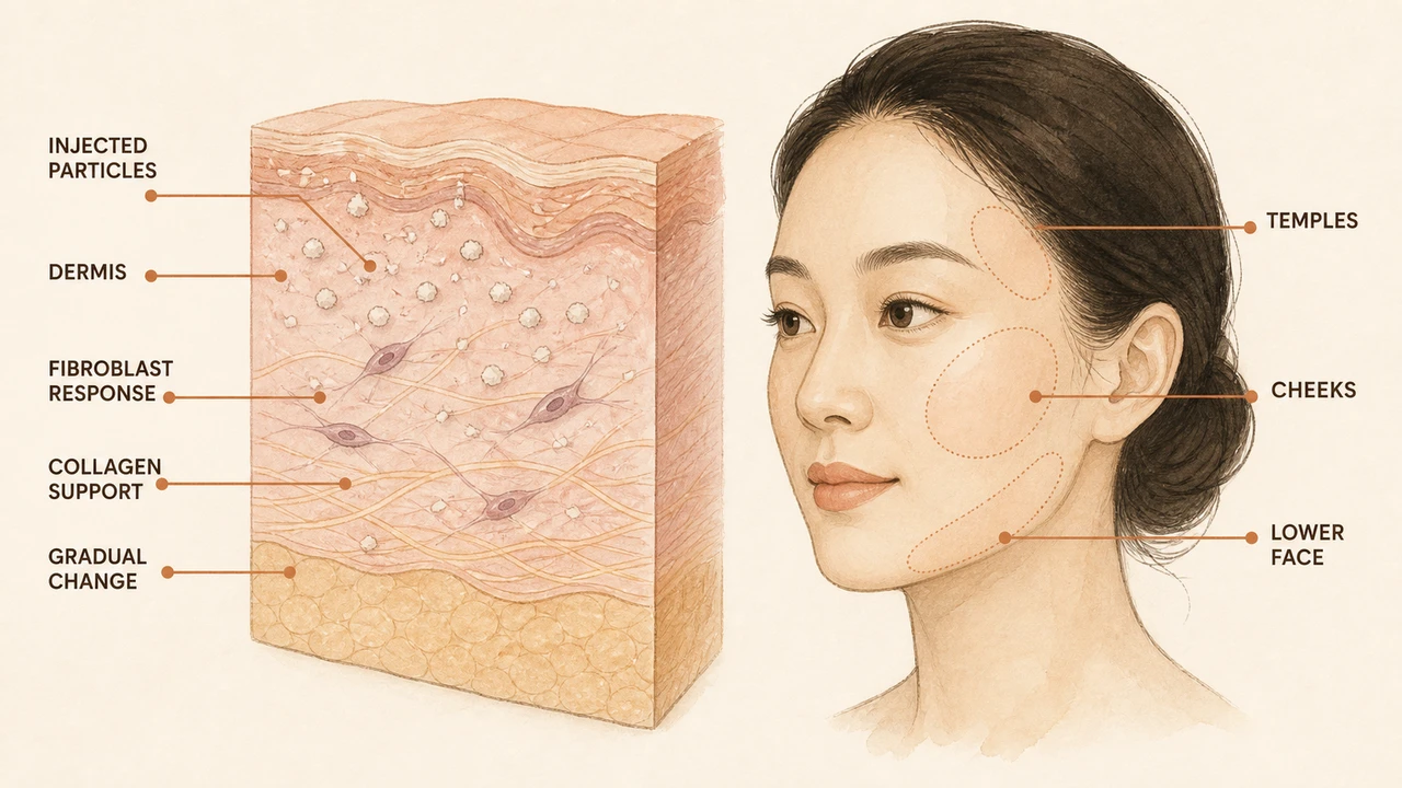 Illustration of injected particles in the dermis triggering a fibroblast response and new collagen, beside a face with the temples, cheeks and lower face marked
