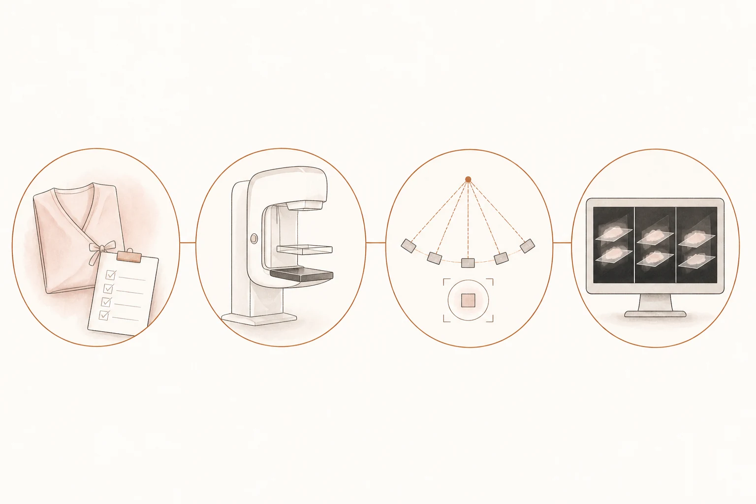 Illustration of 3D mammography: X-ray images taken in an arc are built into thin slices on a screen
