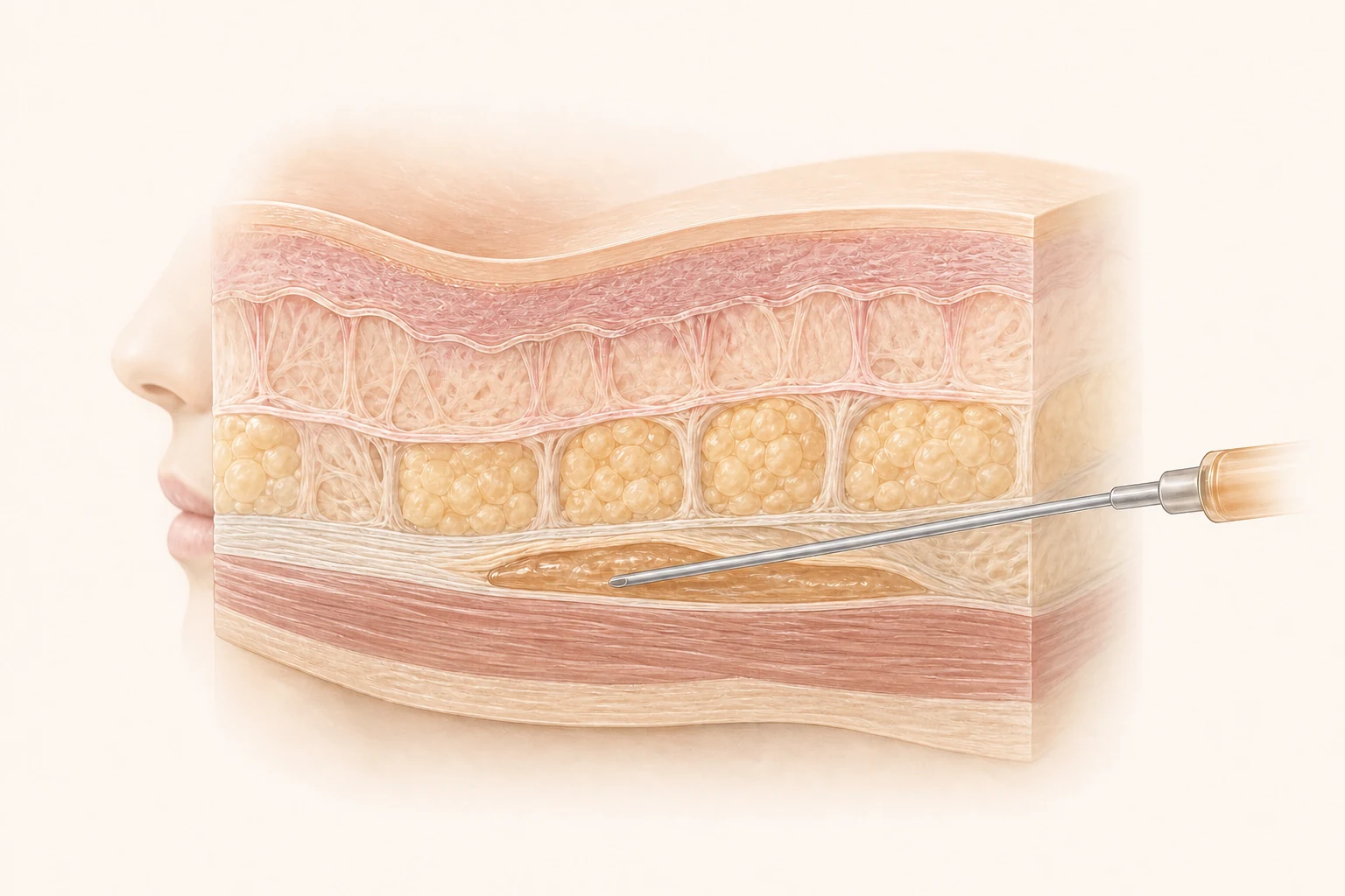 Illustration of a cannula placing filler gel in a deeper layer of the face, beneath the skin and fat