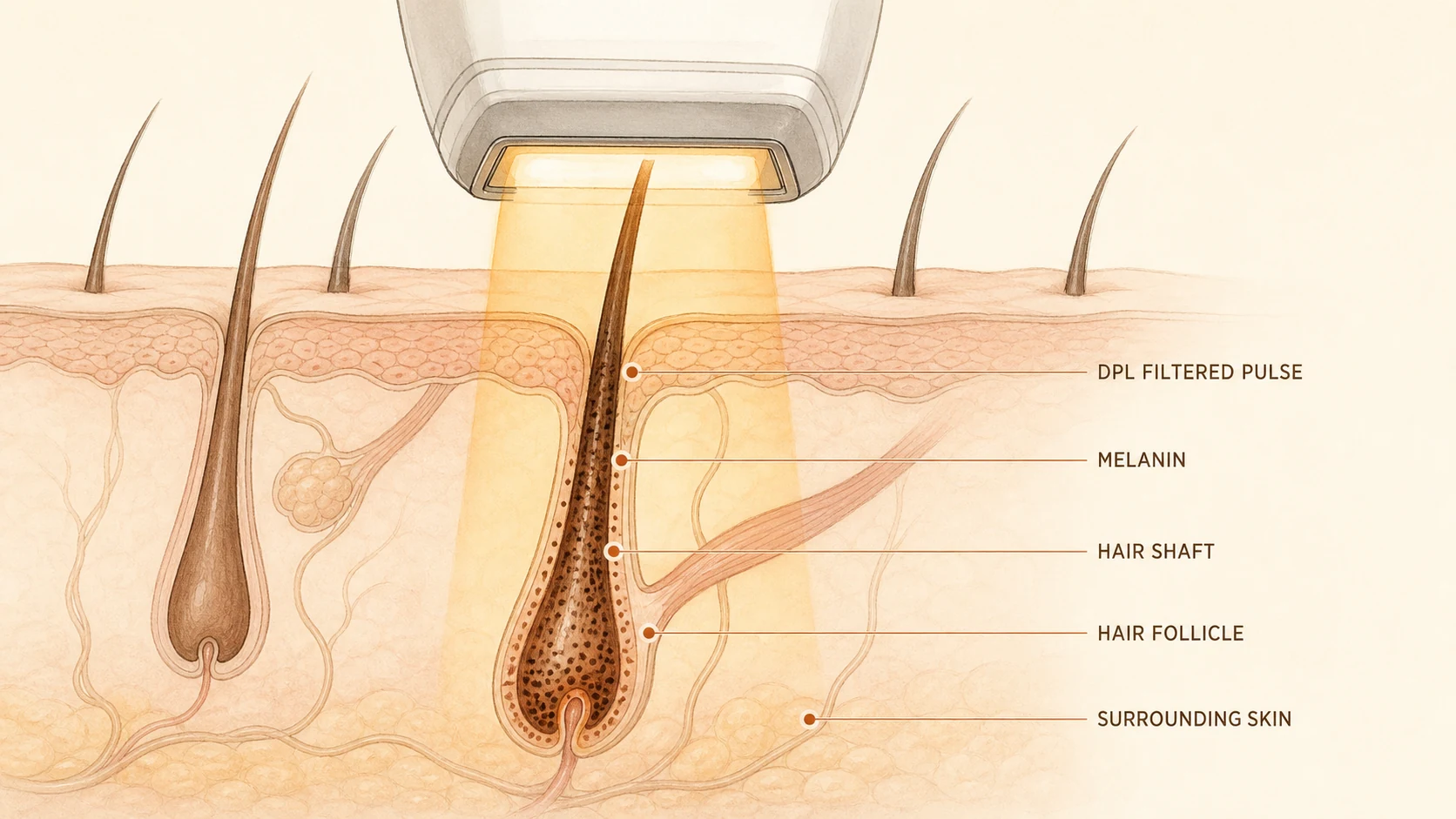 Illustration of a DPL light pulse absorbed by melanin in the hair shaft and hair follicle