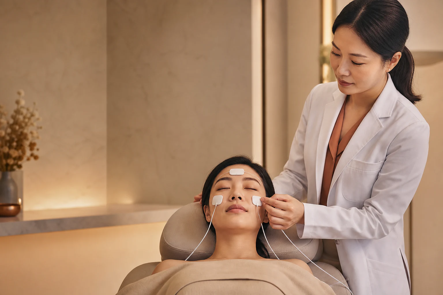 Treatment pads placed on a patient's forehead and cheeks