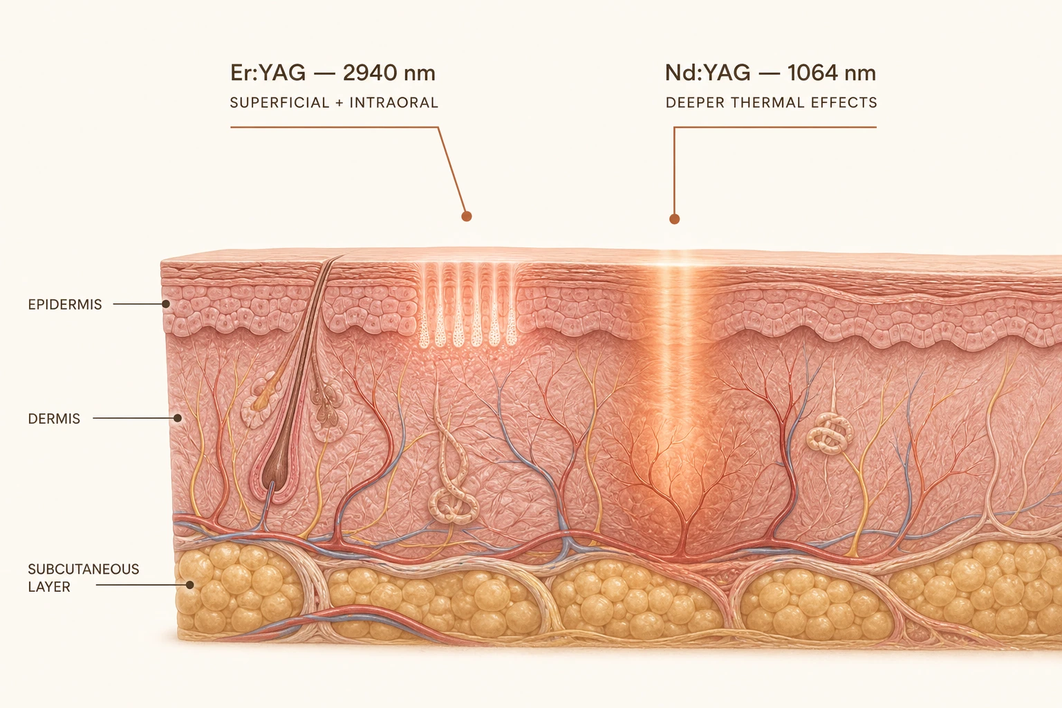Illustration of the two Fotona 4D wavelengths: Er:YAG at 2940 nm for superficial and intraoral treatment, and Nd:YAG at 1064 nm for deeper thermal effects