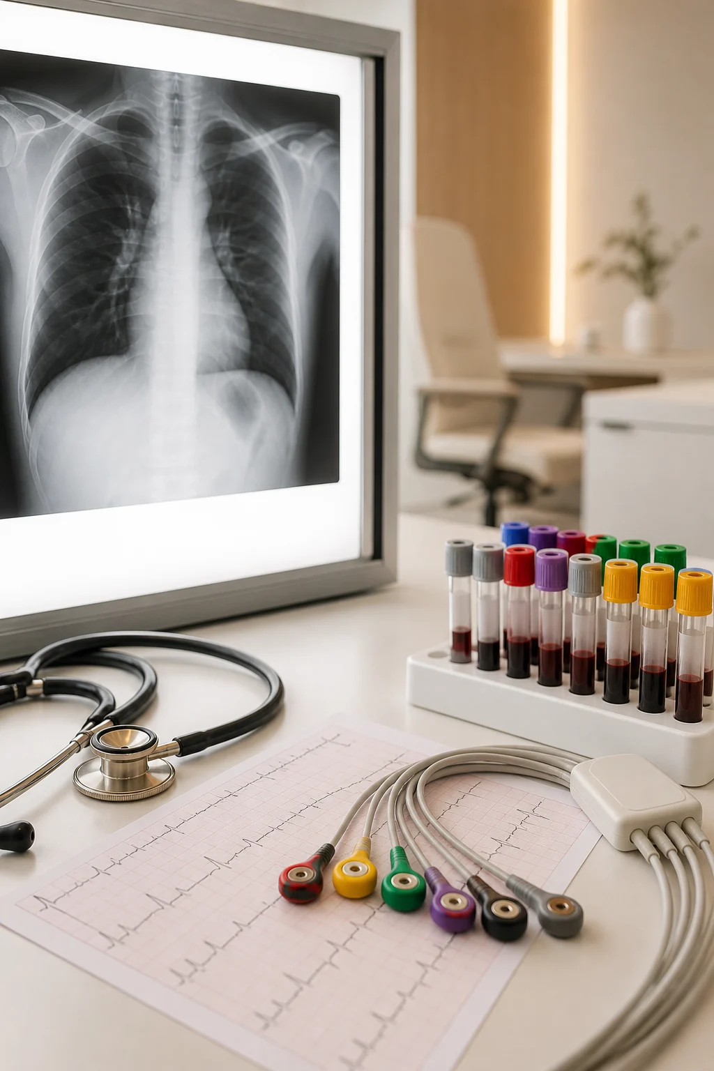 ECG tracing and electrode leads beside a chest X-ray image and blood sample tubes