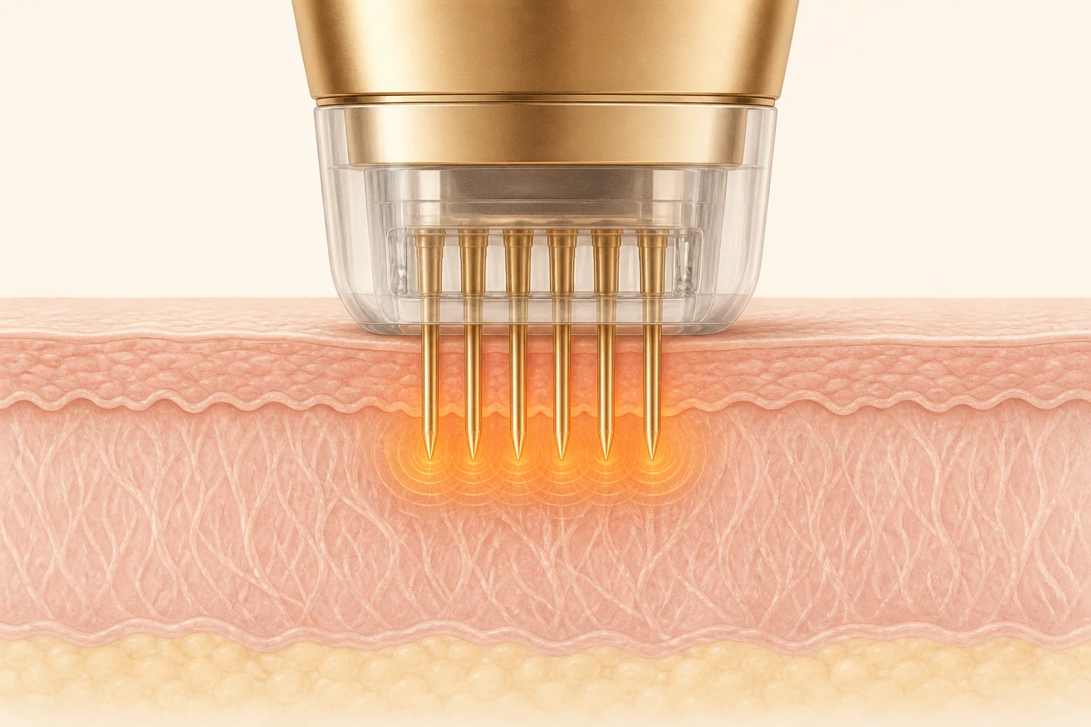 Illustration of gold-plated microneedles delivering radiofrequency energy into the dermis