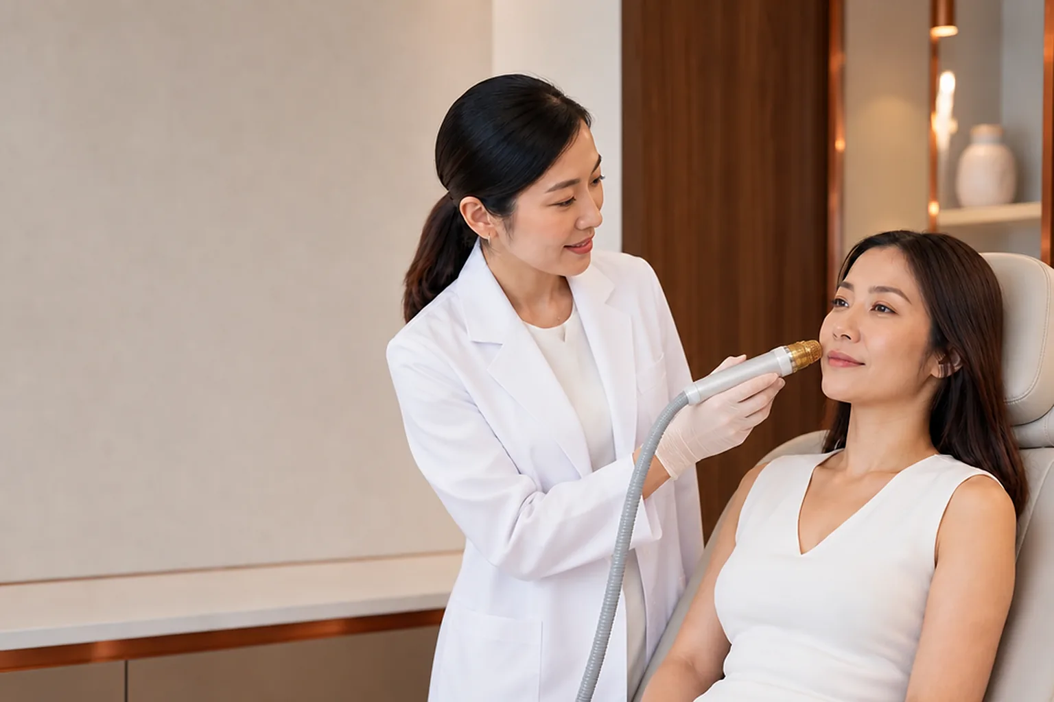 Radiofrequency microneedling handpiece being used on a patient's cheek