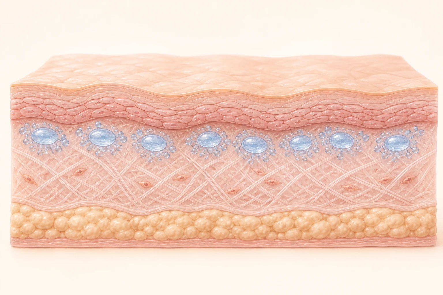 Illustration of hyaluronic acid droplets placed in the dermis