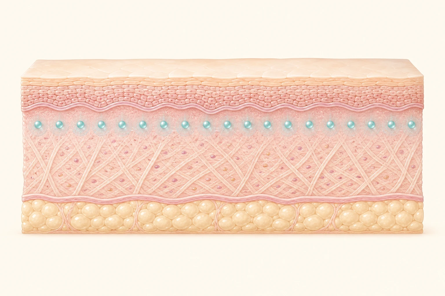 Illustrated cross-section of skin with evenly spaced hyaluronic acid droplets just below the surface