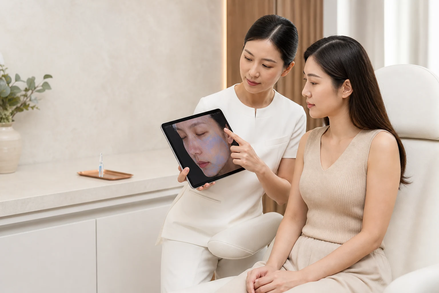 Doctor showing a patient a skin-analysis image of her face on a tablet