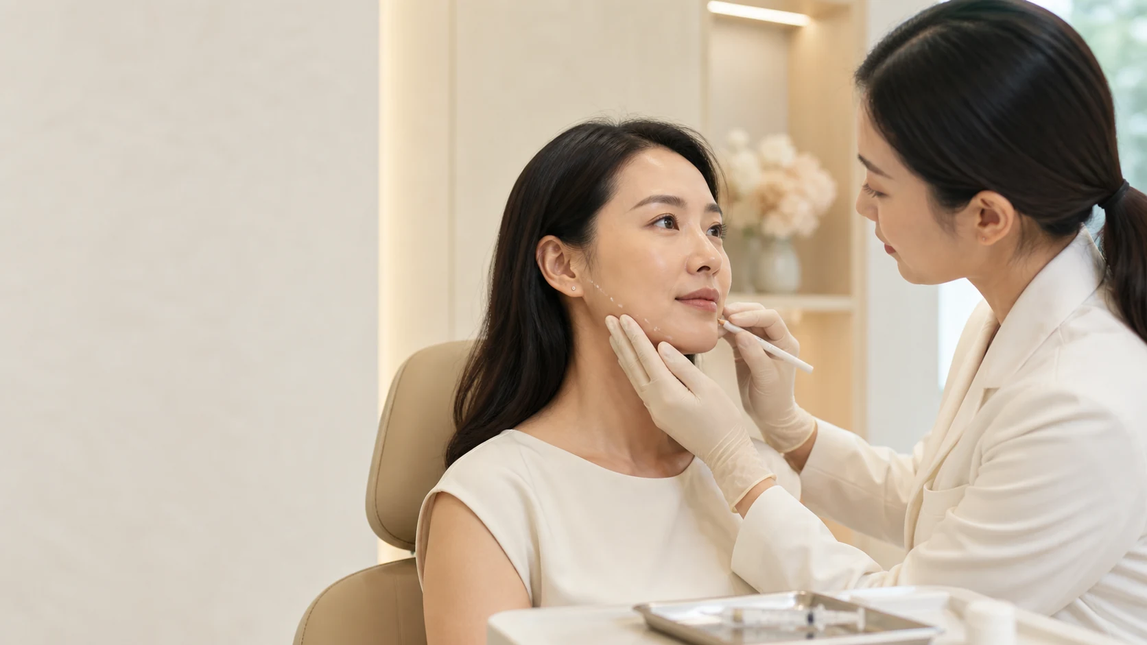 Doctor marking the jawline before an HTIC collagen injection