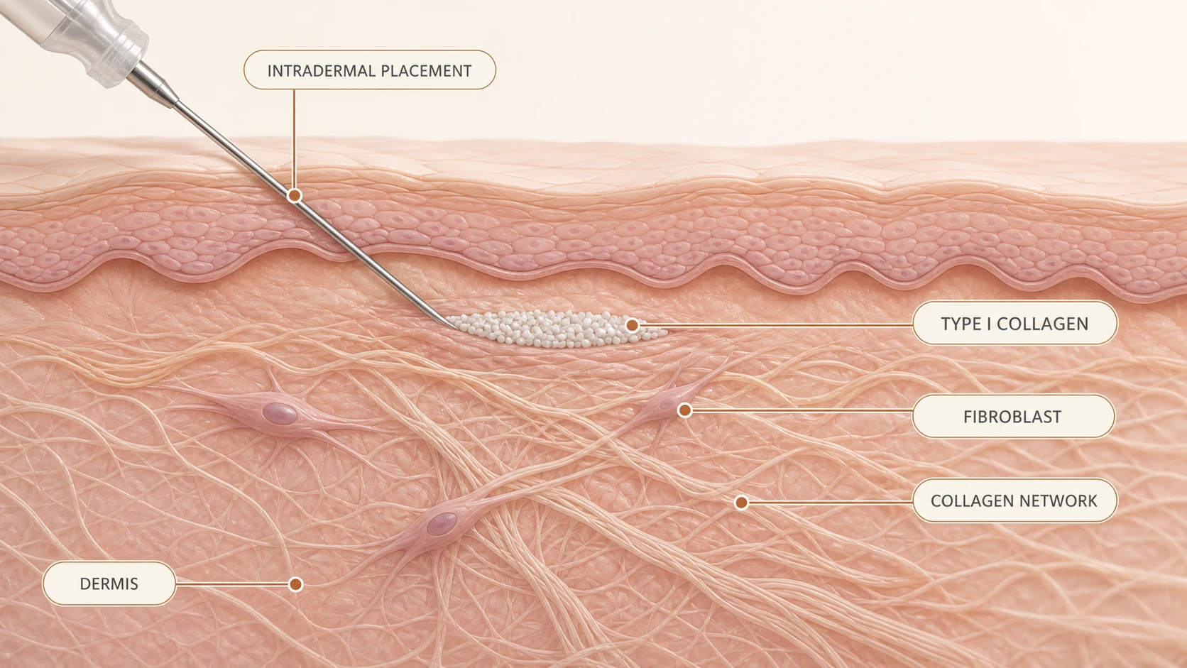 Illustration of Type I collagen placed in the dermis beside fibroblasts and the collagen network