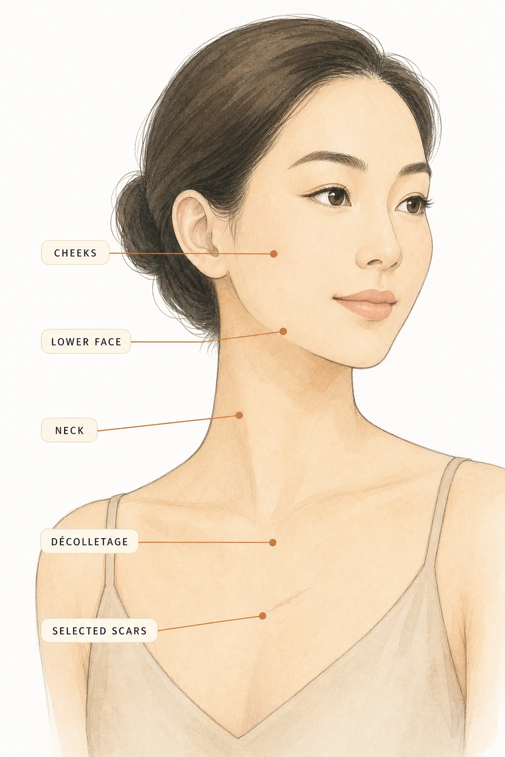 Watercolour illustration of a woman with the cheeks, lower face, neck, décolletage and selected scars marked as treatment areas