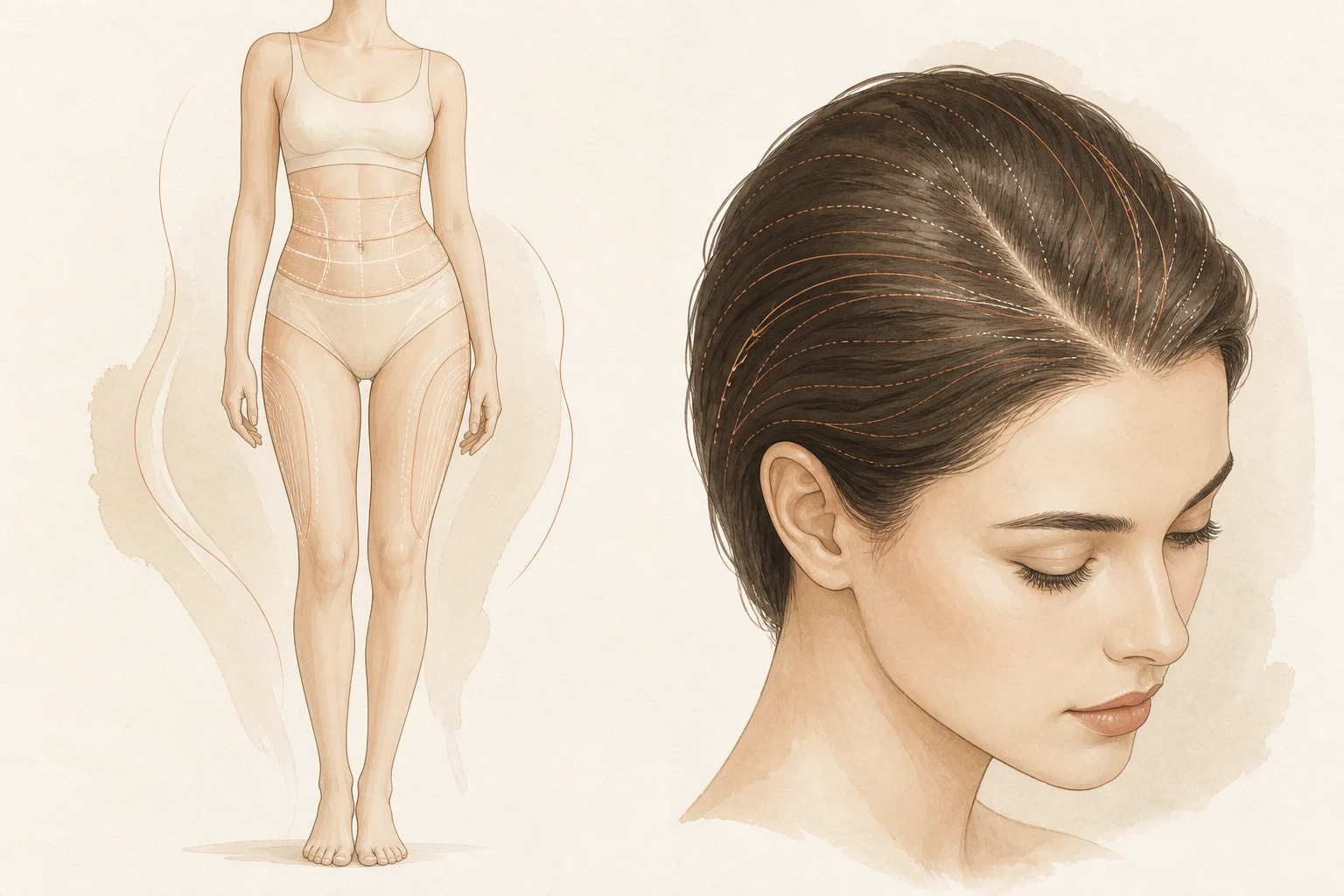 Watercolour illustration of a woman's figure with contour lines over the waist and thighs