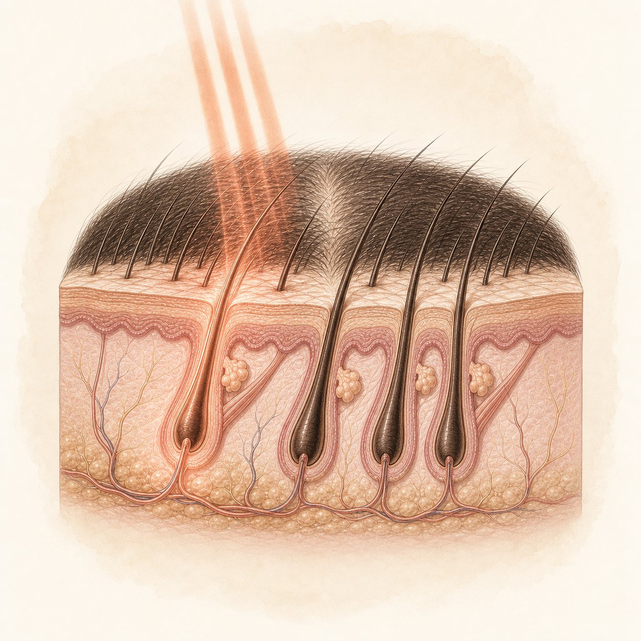 Illustration of light directed at hair follicles beneath the scalp