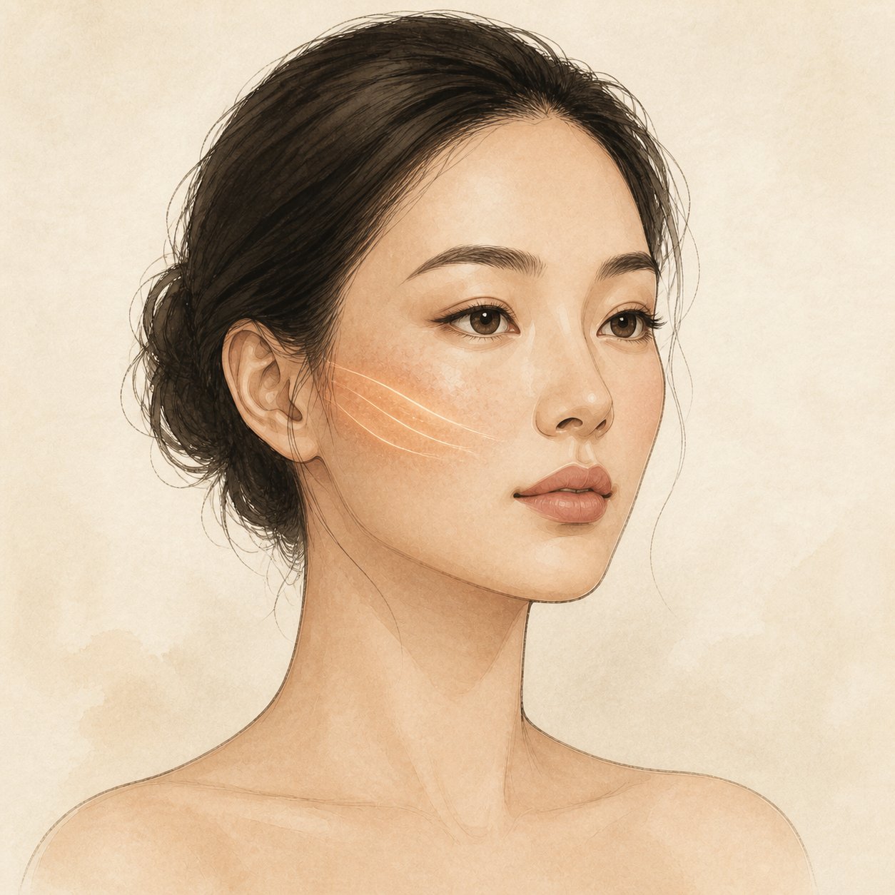 Watercolour portrait of a woman with soft light across her cheek