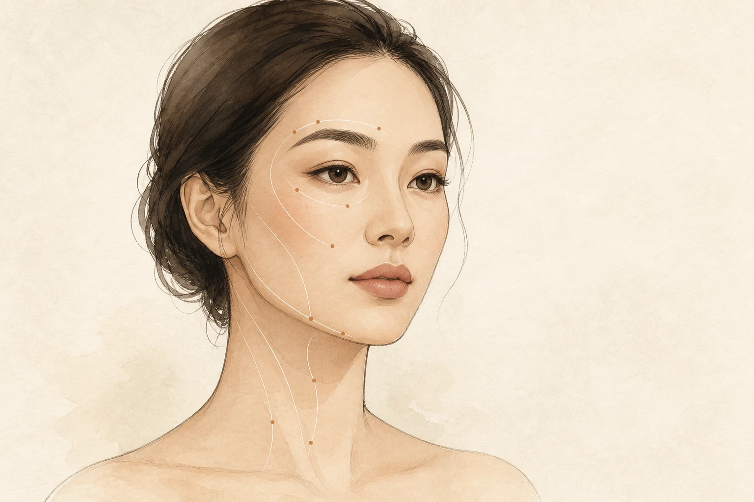 Illustration of a woman's face and neck with lifting points marked along the brow, cheek and jaw