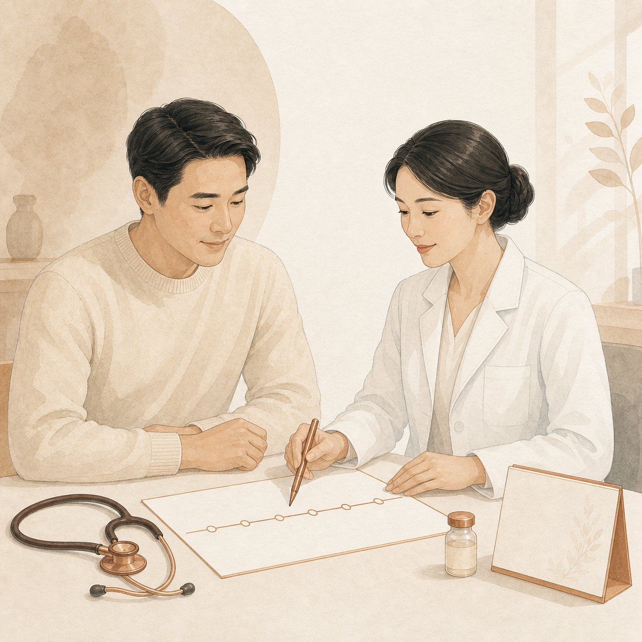 Illustration of a doctor talking a patient through a screening plan