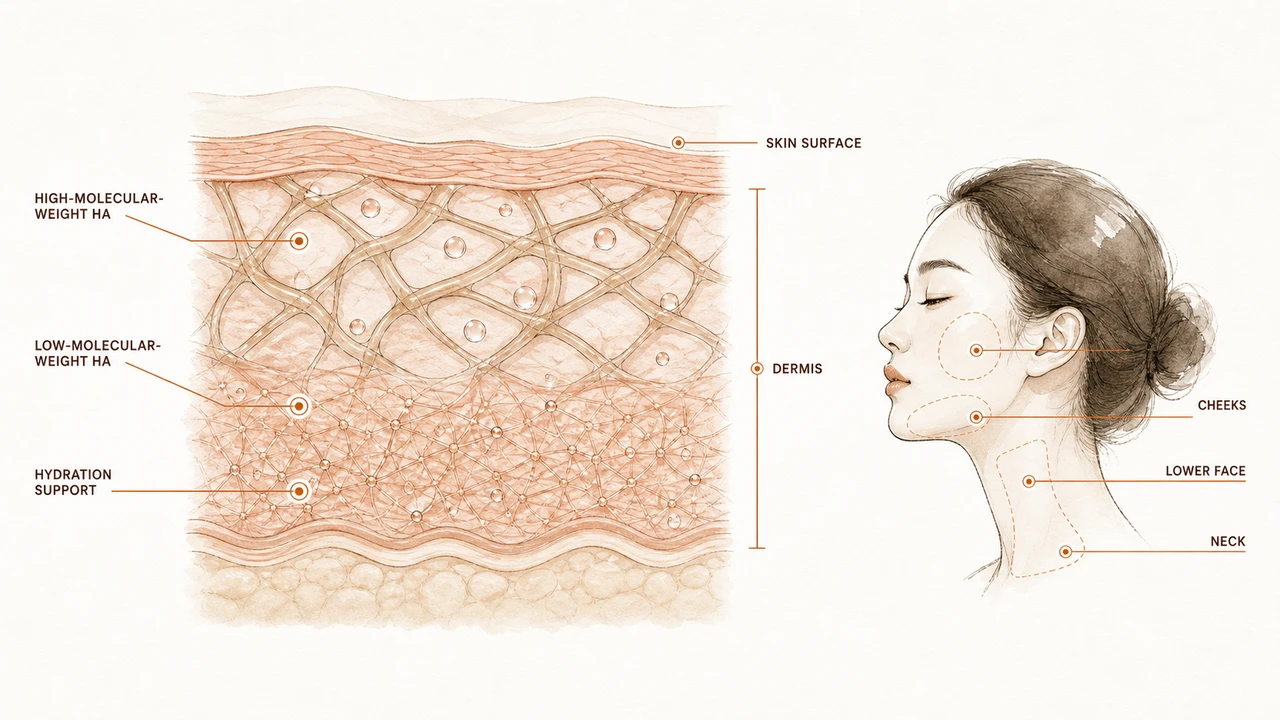 Illustration of high- and low-molecular-weight hyaluronic acid within the dermis, beside a face in profile