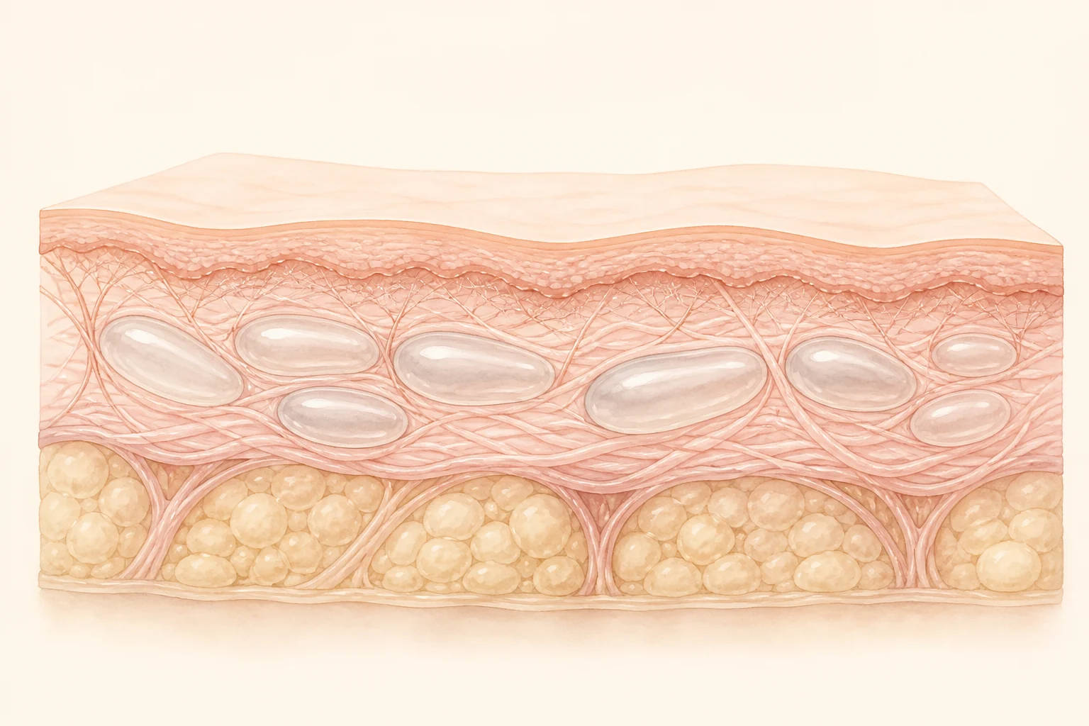 Illustration of collagen gel deposits sitting within the dermis above the fat layer