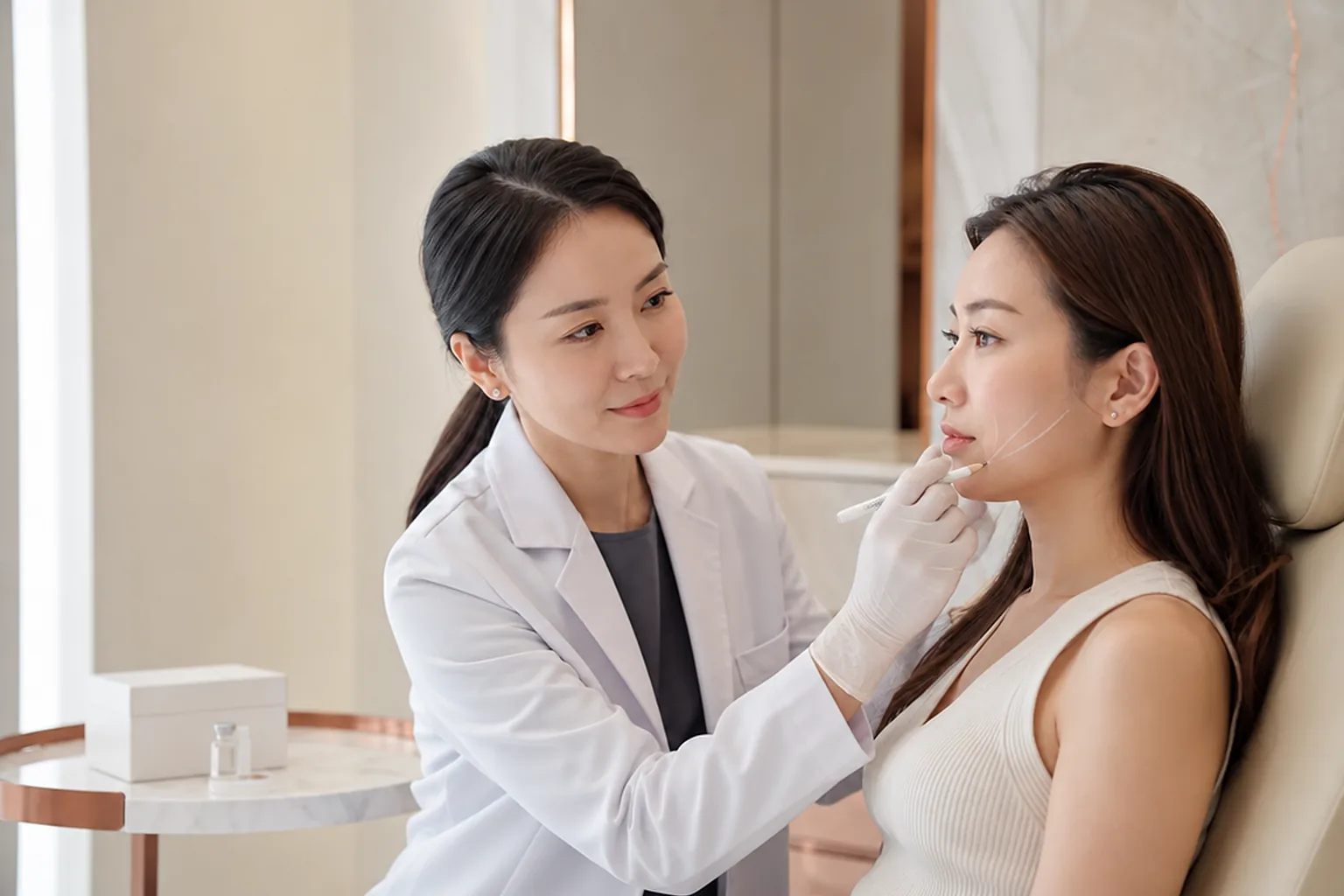 Doctor marking a patient's face before an injectable treatment
