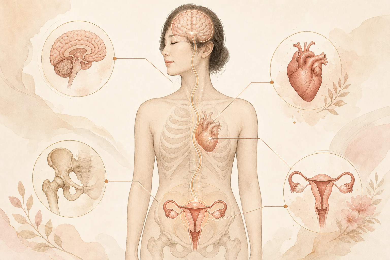 Illustration of a woman's body highlighting the brain, heart, hip bone and pelvic organs