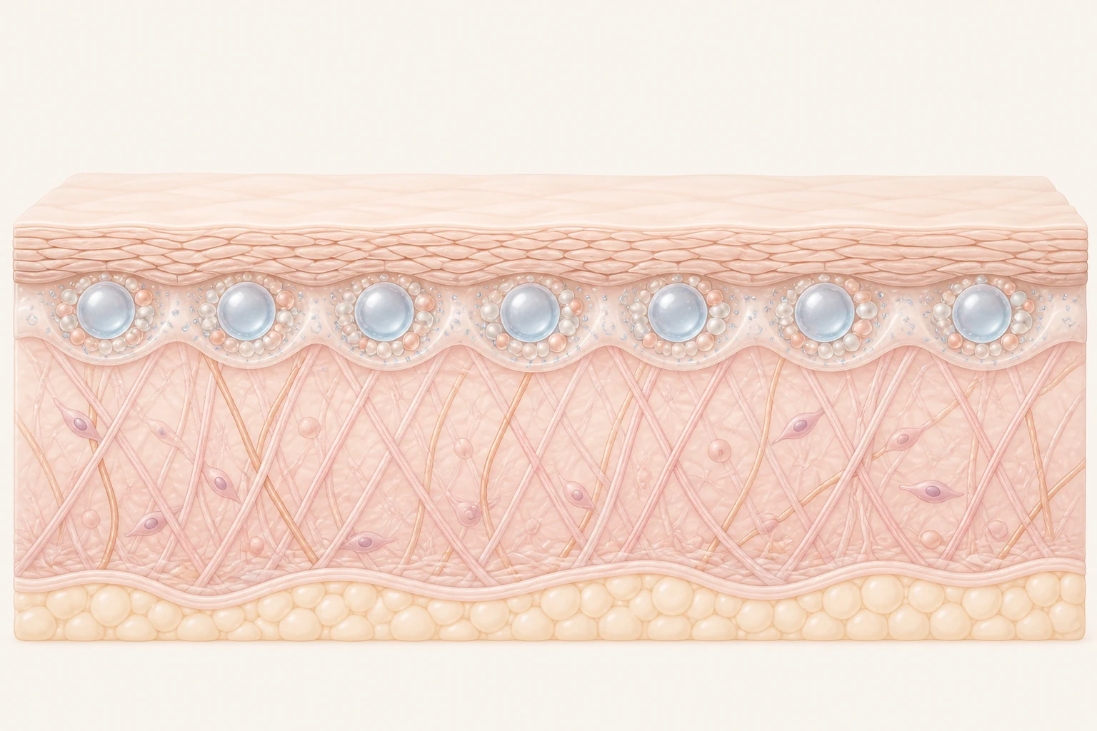 Illustrated cross-section of skin with hyaluronic acid spheres and nutrient particles just below the surface