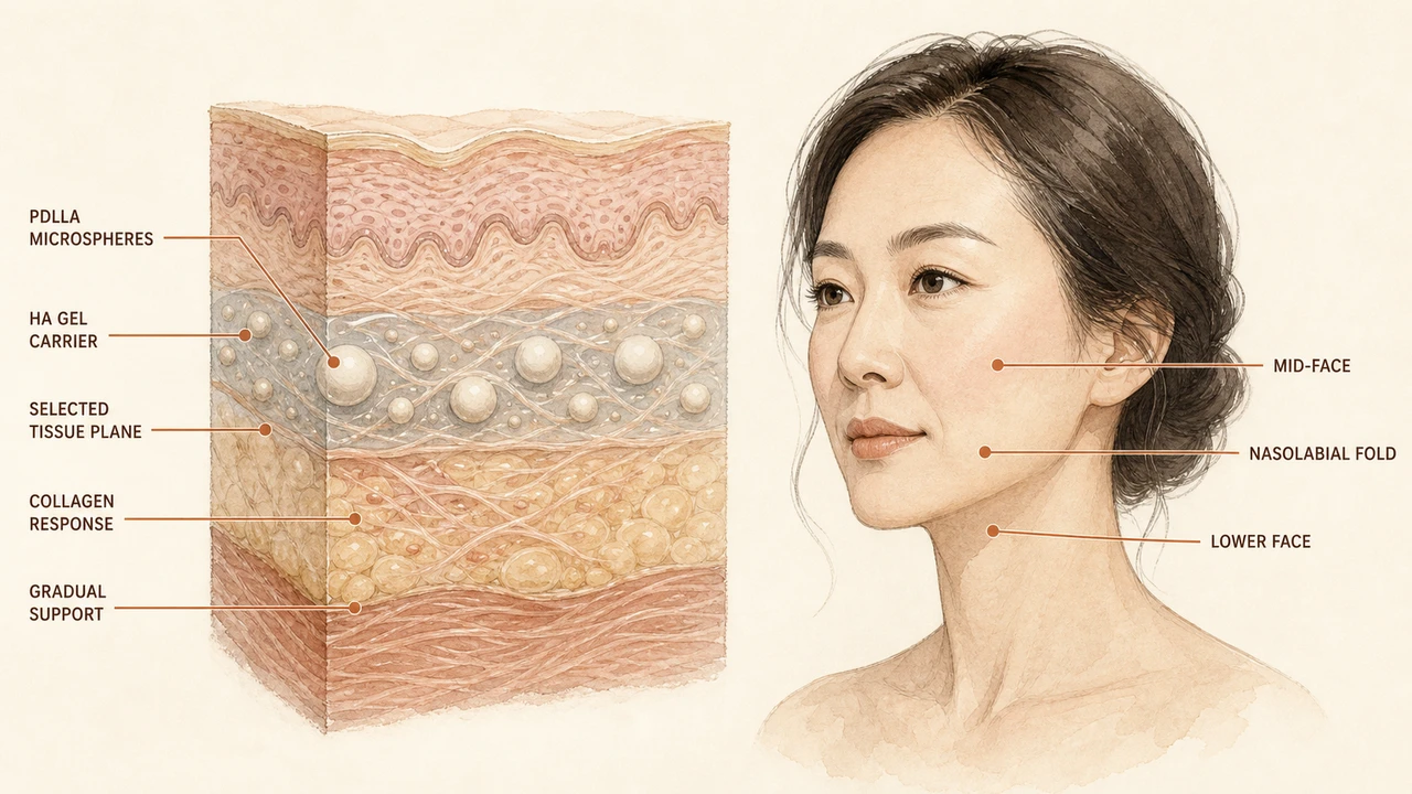 Illustration of PDLLA microspheres in a hyaluronic acid gel within the skin, with a collagen response beneath, beside a face in profile