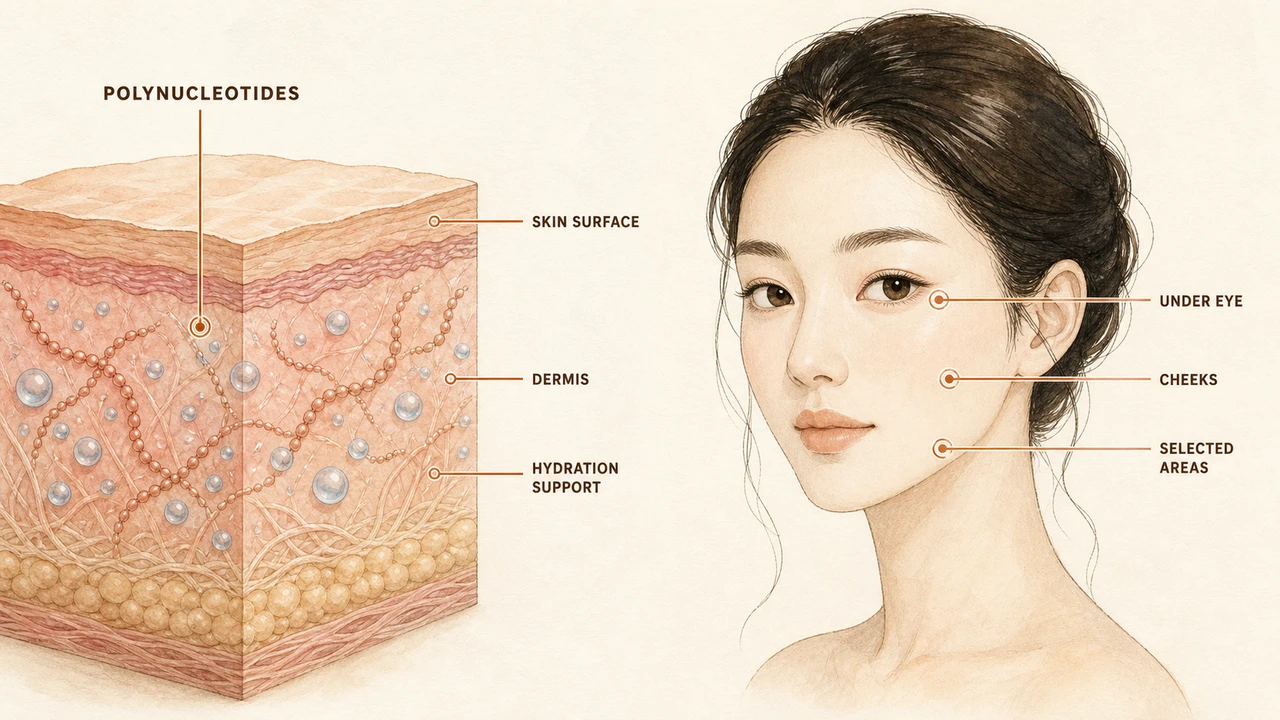 Illustration of an injectable placed in the dermis beside a face marking the treated areas