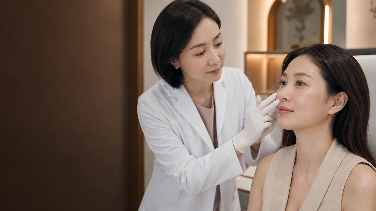 Patient’s cheek being examined under a lighted magnifier