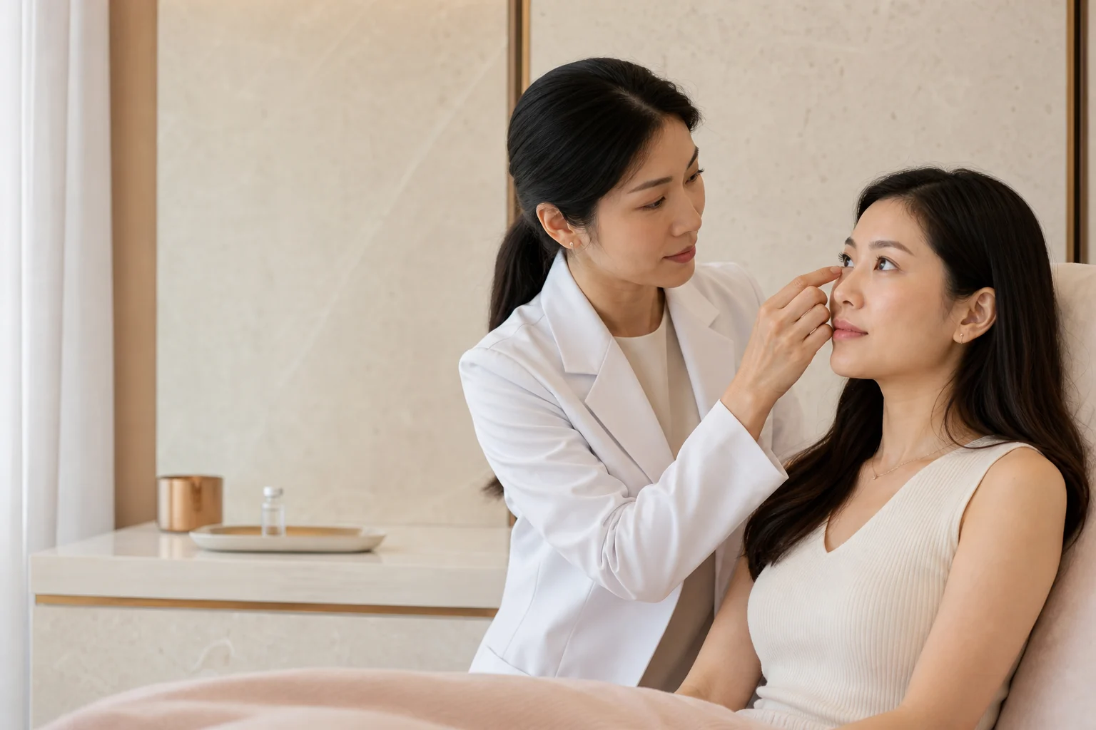 Doctor gently assessing the skin below a patient's lower eyelid