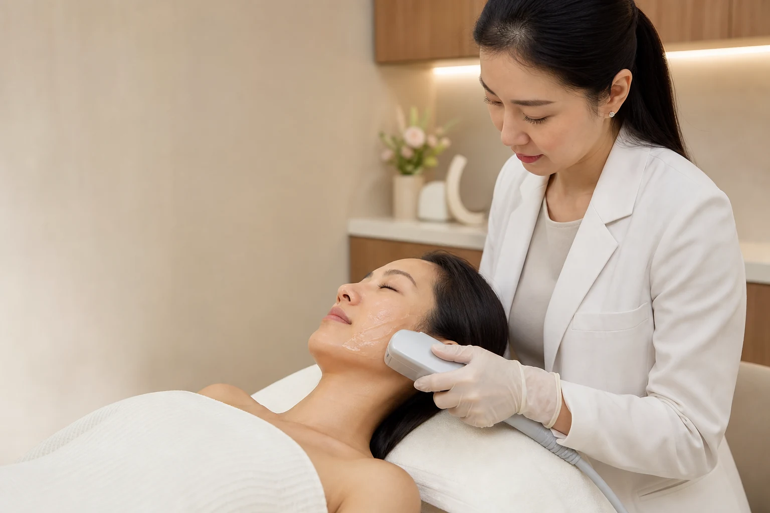 RF and ultrasound handpiece on a patient's cheek