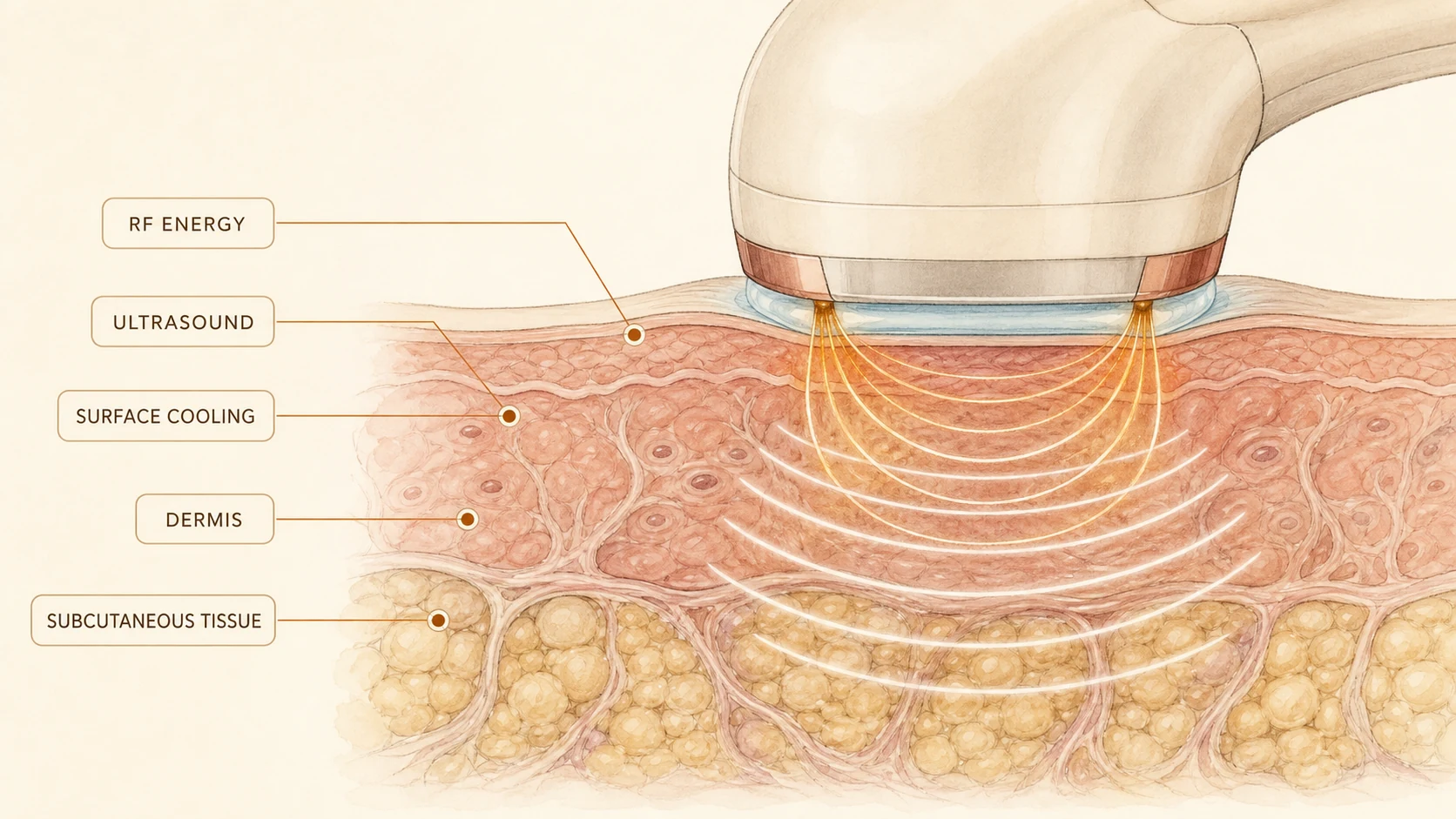 Illustration of radiofrequency and ultrasound energy passing through the dermis into the subcutaneous tissue