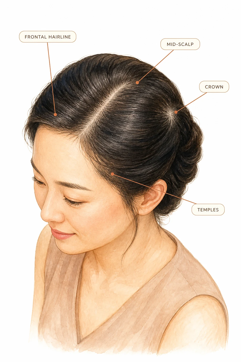 Watercolour illustration labelling the frontal hairline, temples, mid-scalp and crown