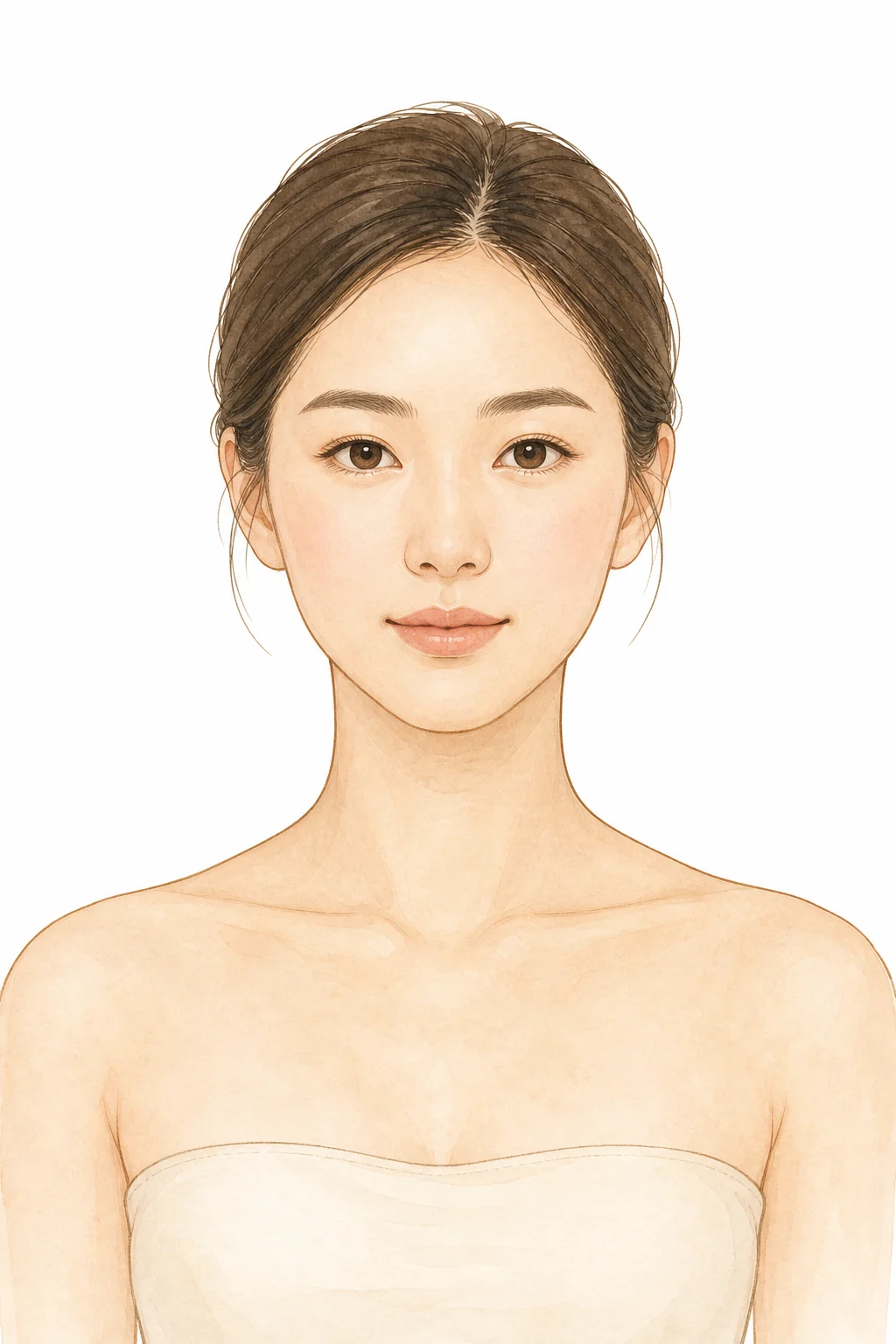 Watercolour portrait of a woman's face, neck and shoulders