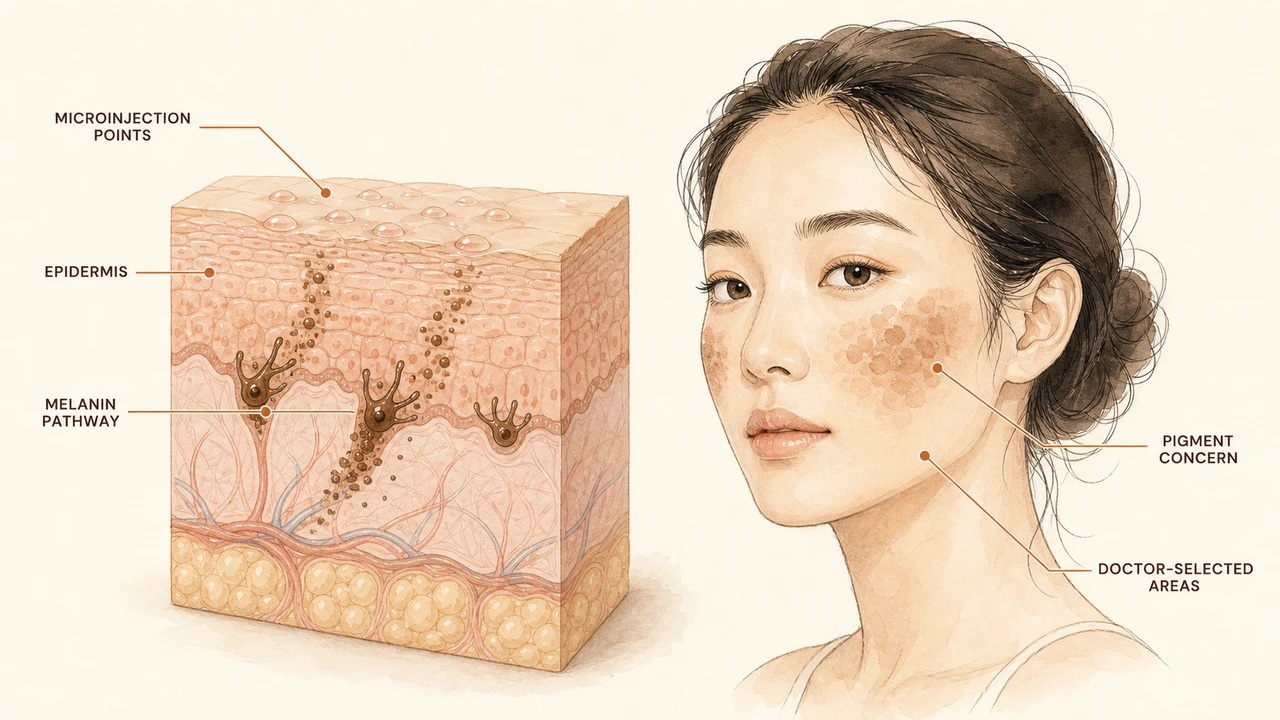 Illustration of a skin cross-section with microinjection points at the surface and the melanin pathway