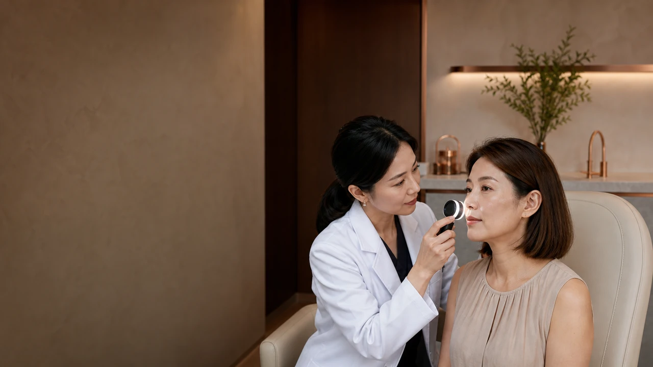 Patient’s cheek being examined with a dermatoscope