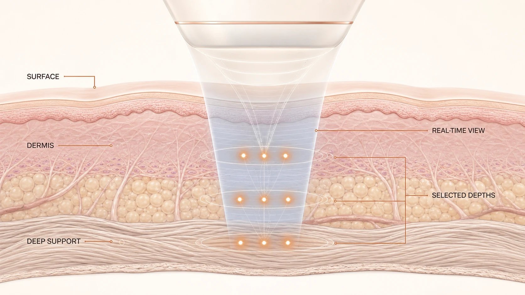 Diagram of focused ultrasound reaching three depths beneath the skin surface, with a real-time view