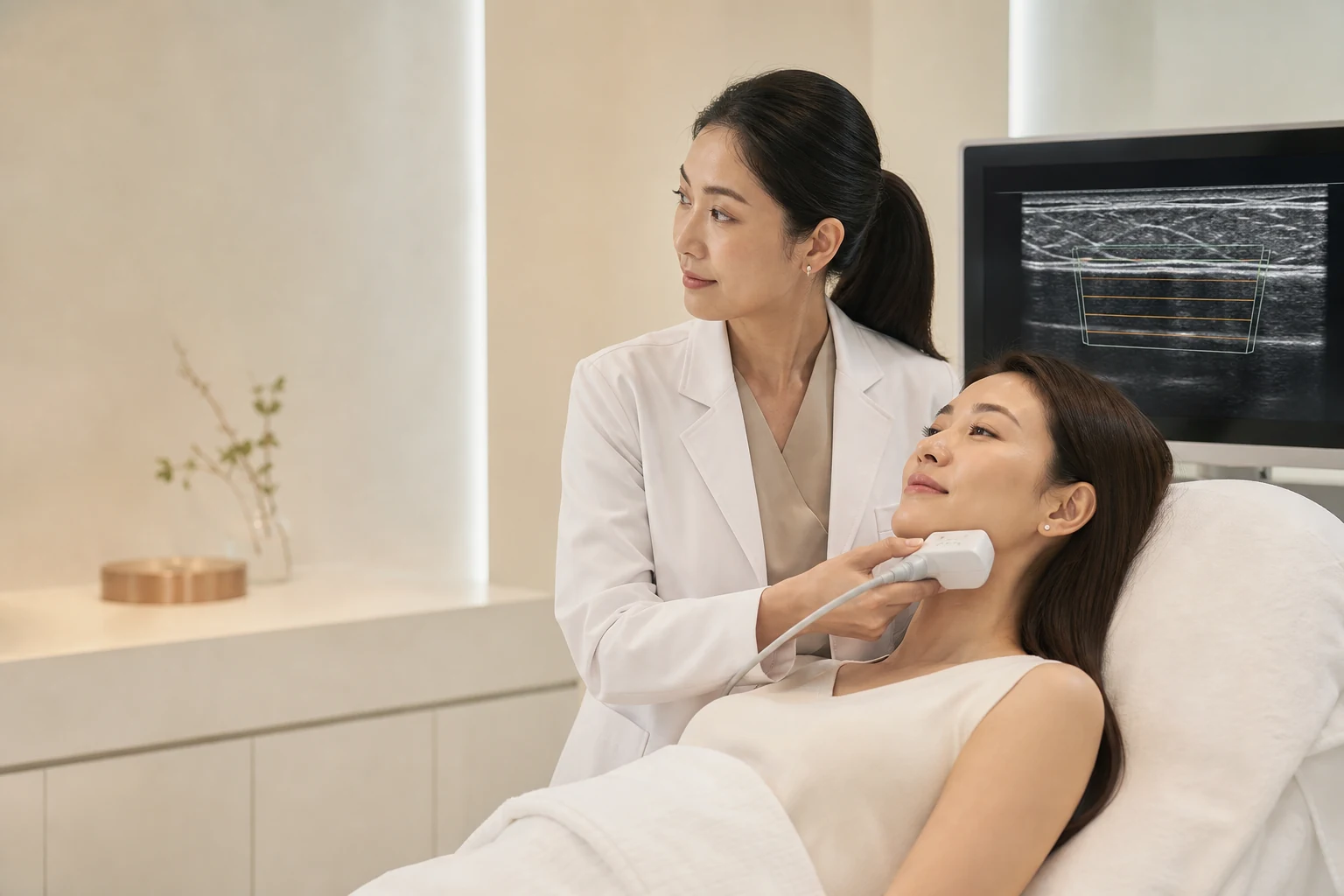Doctor treating a patient's jawline with an ultrasound transducer while a screen shows the skin layers