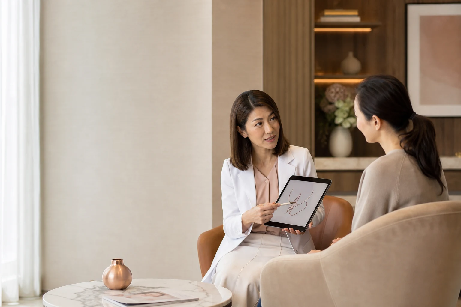 Female doctor explaining a simple diagram on a tablet to a patient in a consultation lounge