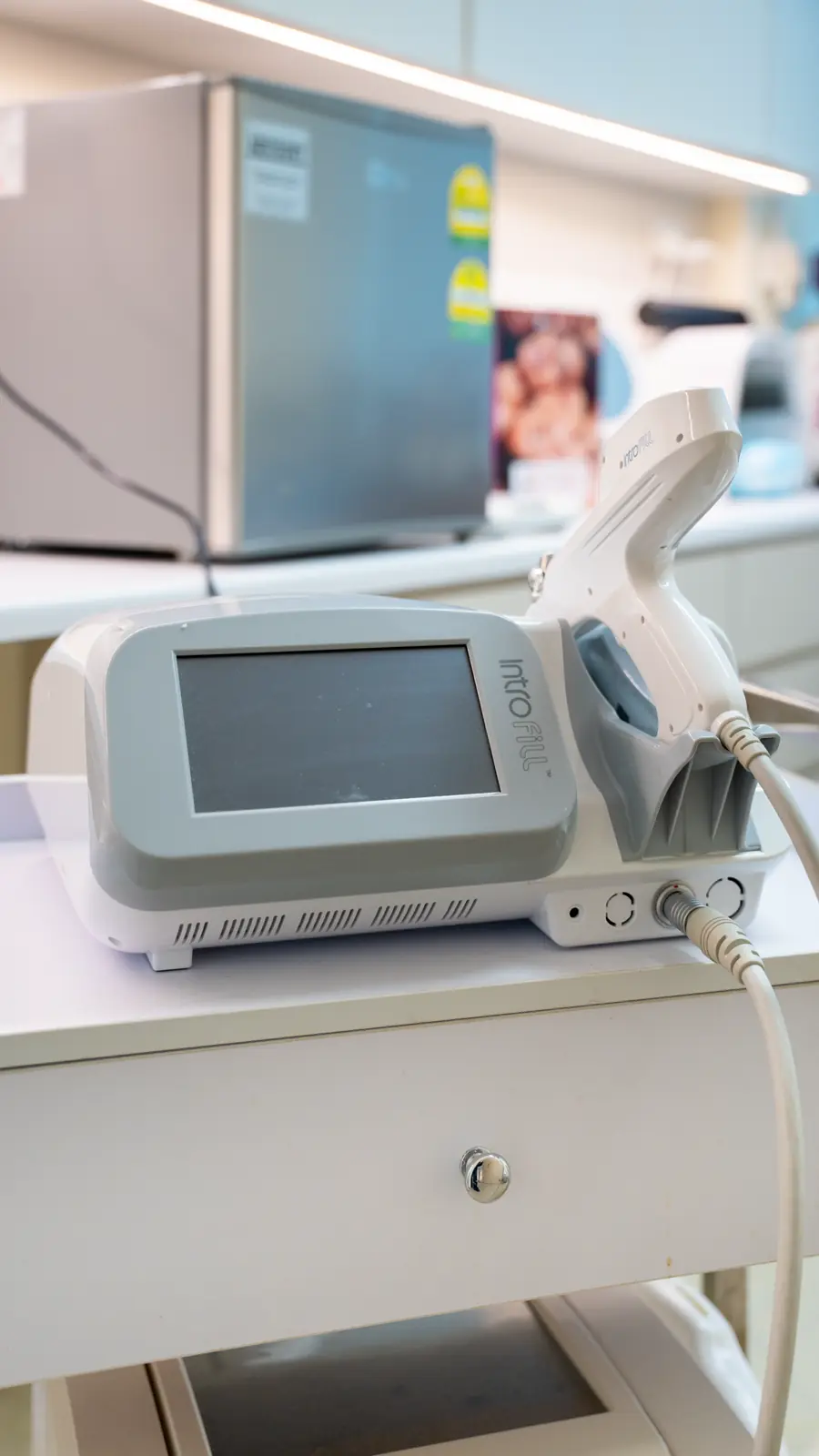 Skin booster injector gun and its console on a treatment trolley at Fusion Medical