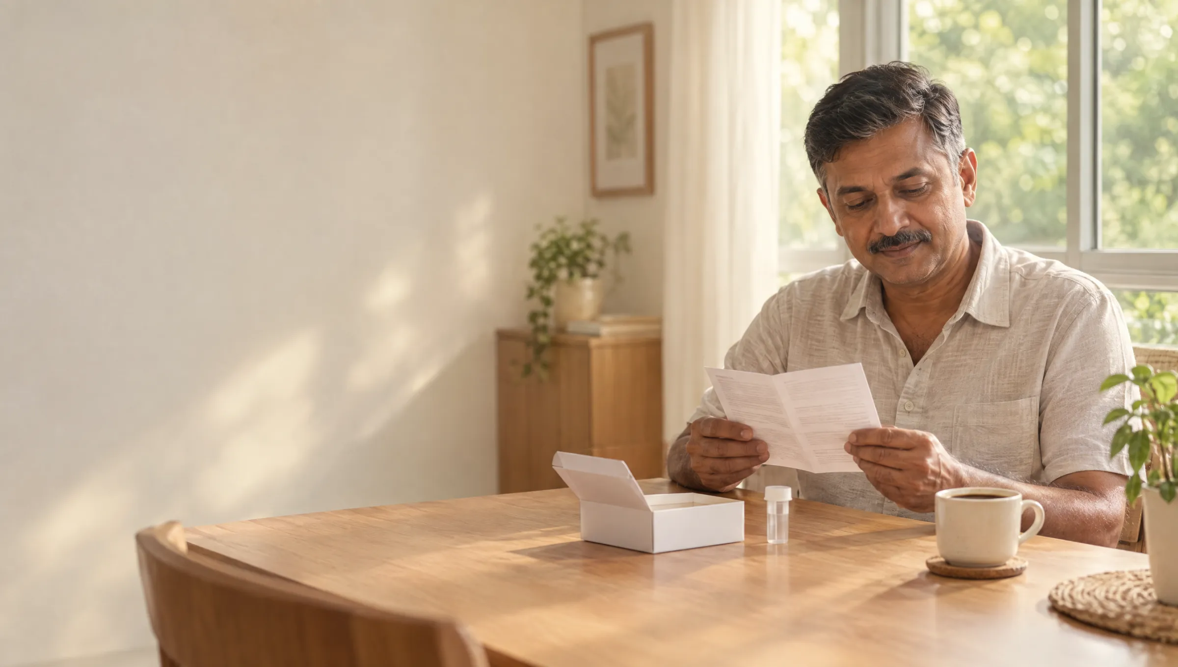 A man in his fifties reading the leaflet of a small sample-collection kit at a sunlit dining table at home