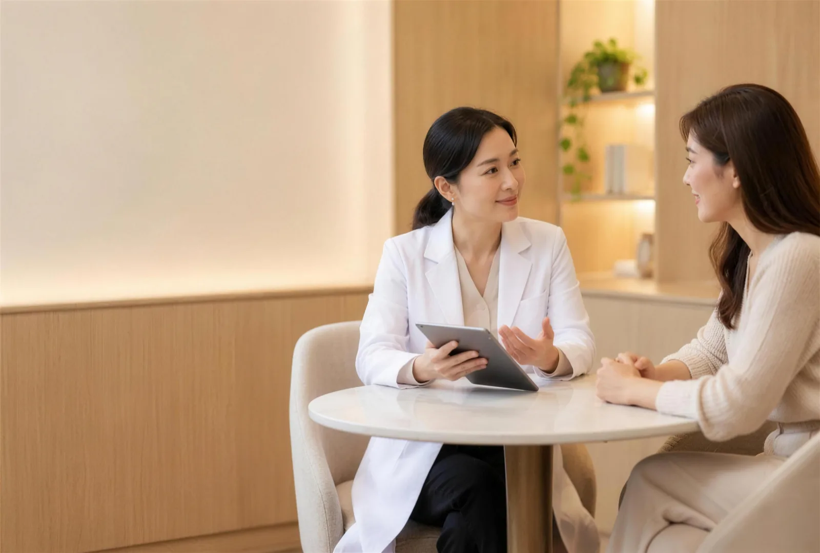 Female doctor talking with a patient in a private consultation room