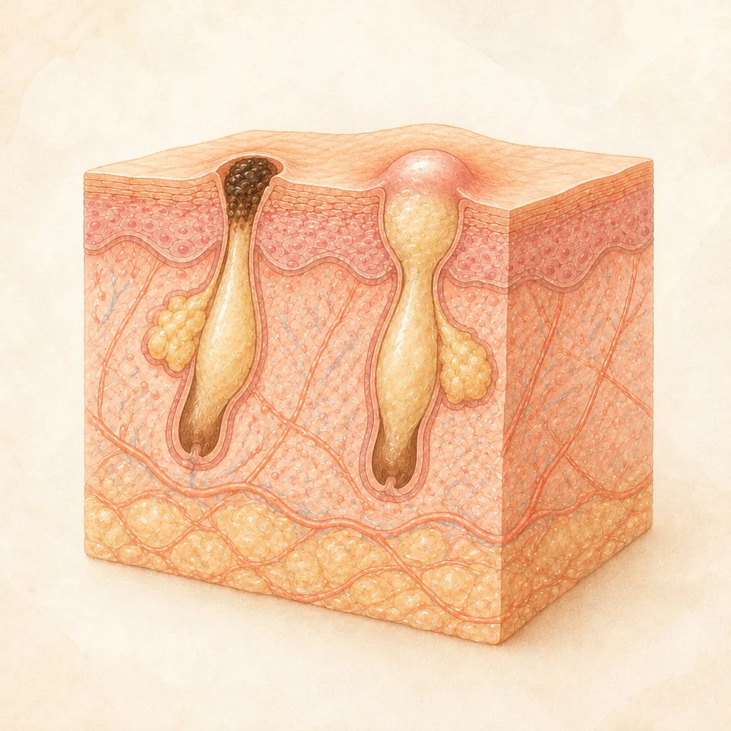 Skin cross-section showing a blackhead (open comedone) and a whitehead (closed comedone) in blocked pores
