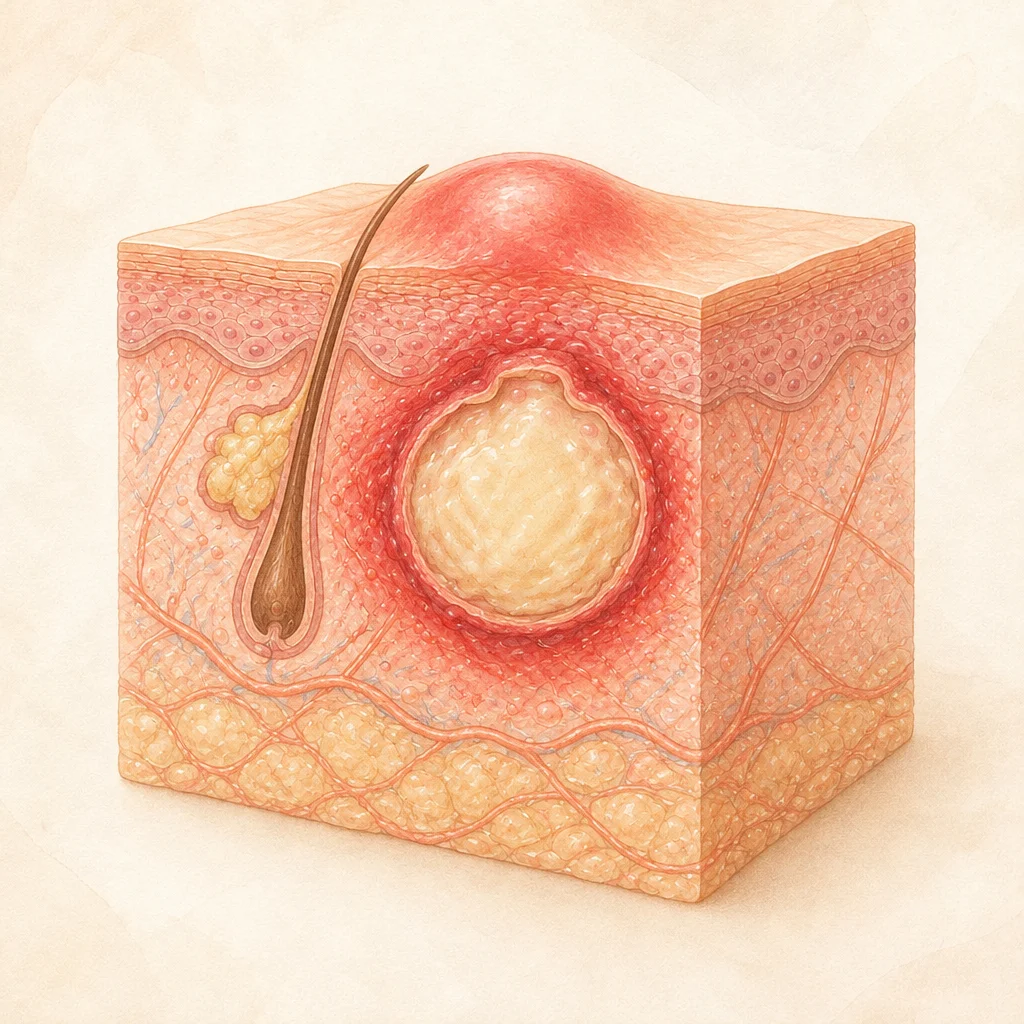 Illustration of a deep, inflamed cyst filled with pus beneath a red, swollen bump in the skin
